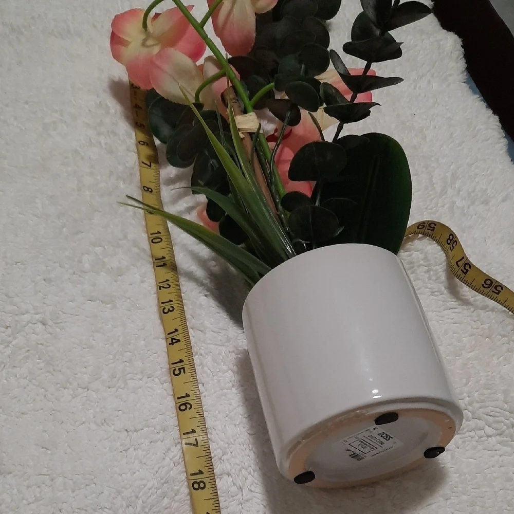 Pink and Green Floral Arrangement in White Pot